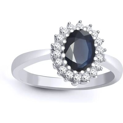 Jewelco London 9ct White Gold H I2 0.23ct Diamond and Oval Blue 1.1ct Sapphire Classic Royal Cluster Ring - Ring Jewelco London 9ct White Gold H I2 0.23ct Diamond and Oval Blue 1.1ct Sapphire Classic Royal Cluster Ring - Ring