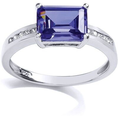 Jewelco London Sterling Silver Tanzanite-Violet Emerald Cut Cubic Zirconia Shoulder-Set Ring - Engagement Jewelco London Sterling Silver Tanzanite-Violet Emerald Cut Cubic Zirconia Shoulder-Set Ring - Engagement