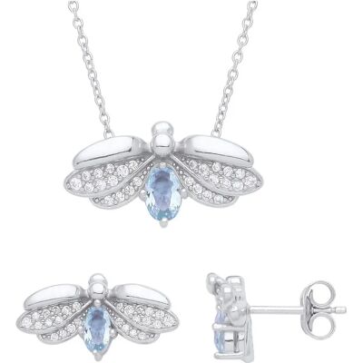 Jewelco London Rhodium Sterling Silver Blue Oval CZ Firefly Flying Beetle Wings Earrings Necklace Set - Jewels Jewelco London Rhodium Sterling Silver Blue Oval CZ Firefly Flying Beetle Wings Earrings Necklace Set - Jewels