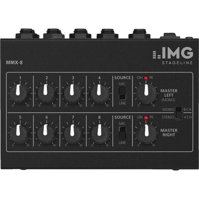 MONACOR 242860 Mini Audio Mixer - 8 Mono-ingangen, Stereo-modus, Batterijoptie MONACOR 242860 Mini Audio Mixer - 8 Mono-ingangen, Stereo-modus, Batterijoptie