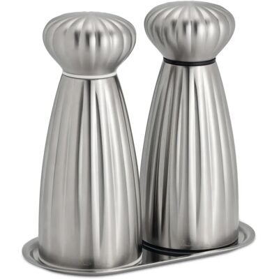 Robert Welch Palm Satin Stainless Steel Salt & Pepper Mills with Tray Set - Salt & Pepper Mills Robert Welch Palm Satin Stainless Steel Salt & Pepper Mills with Tray Set - Salt & Pepper Mills