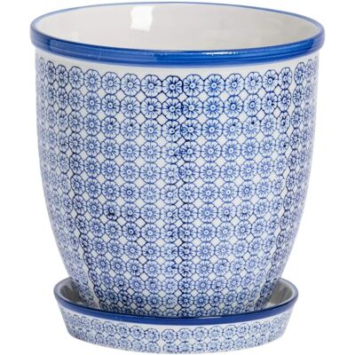Nicola Spring Hand-Printed Plant Pot with Saucer - Porcelain Flower Pot and Drip Tray - Navy - 20 x 20.5cm Nicola Spring Hand-Printed Plant Pot with Saucer - Porcelain Flower Pot and Drip Tray - Navy - 20 x 20.5cm