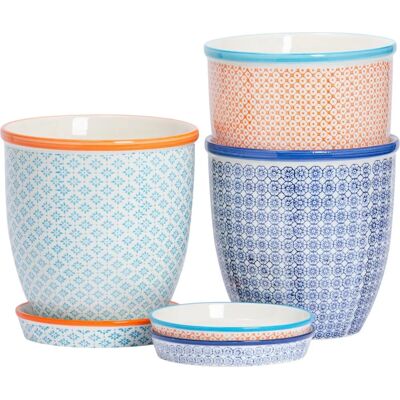 Nicola Spring 3pc Hand-Printed Plant Pot with Saucer Set - Porcelain Flower Pots and Drip Tray - 3 Colours - 20 x 20.5cm Nicola Spring 3pc Hand-Printed Plant Pot with Saucer Set - Porcelain Flower Pots and Drip Tray - 3 Colours - 20 x 20.5cm