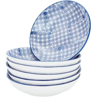 Nicola Spring Navy Hand-Printed Pasta Bowls - Japanese Style - 22cm - Set of 6 Nicola Spring Navy Hand-Printed Pasta Bowls - Japanese Style - 22cm - Set of 6