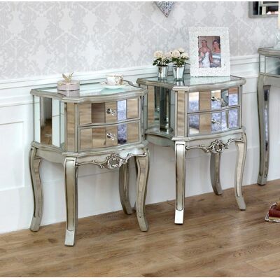 Tiffany Silver Mirrored Bedside Tables - 2 Drawers Tiffany Silver Mirrored Bedside Tables - 2 Drawers