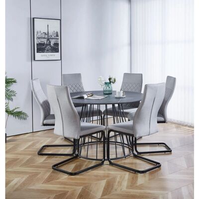 Hallowood Furniture - Large Grey Round Table - 120cm - 6 High Back Fabric Chairs - Dining Table Set Hallowood Furniture - Large Grey Round Table - 120cm - 6 High Back Fabric Chairs - Dining Table Set