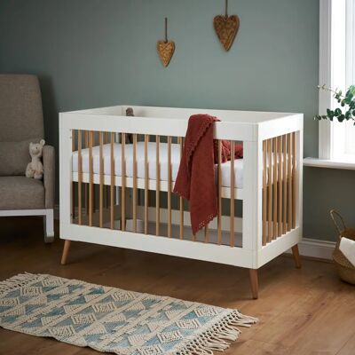 Obaby Maya Mini Cot Bed - White/Natural - Space-saving, Adjustable, Scandinavian Design Obaby Maya Mini Cot Bed - White/Natural - Space-saving, Adjustable, Scandinavian Design