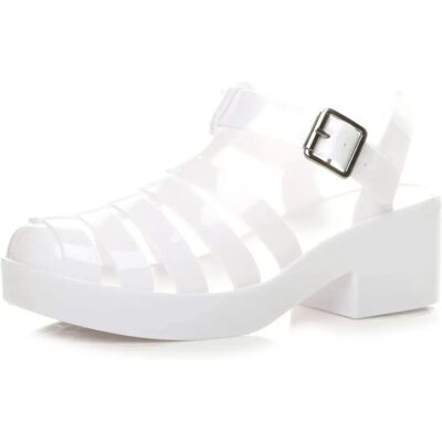 Ajvani White Jelly Mid Block Heel Sandals - Shoe Ajvani White Jelly Mid Block Heel Sandals - Shoe