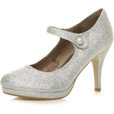Ajvani Women's Silver Mesh Glitter Mid-High Heel Mary Jane Shoes - Shoes Ajvani Women's Silver Mesh Glitter Mid-High Heel Mary Jane Shoes - Shoes