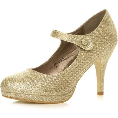 Ajvani Model 40 Gold Mesh Glitter Mid High Heel Mary Jane Shoes - Court Shoes Ajvani Model 40 Gold Mesh Glitter Mid High Heel Mary Jane Shoes - Court Shoes