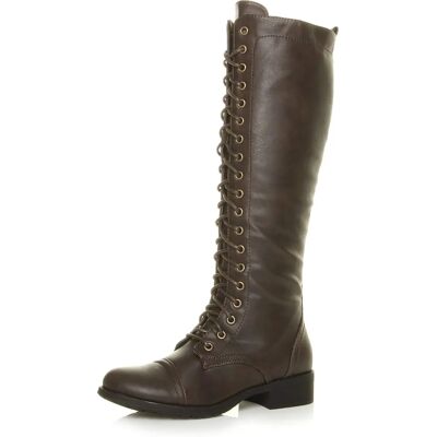 Ajvani Womens Low Block Heel Lace Up Zip Knee High Calf Biker Boots - Boots Ajvani Womens Low Block Heel Lace Up Zip Knee High Calf Biker Boots - Boots