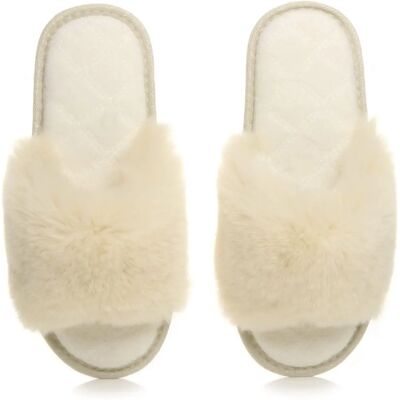 Ajvani Womens Fluffy Indoor Slippers - Peep Toe - Beige - Indoor slippers Ajvani Womens Fluffy Indoor Slippers - Peep Toe - Beige - Indoor slippers