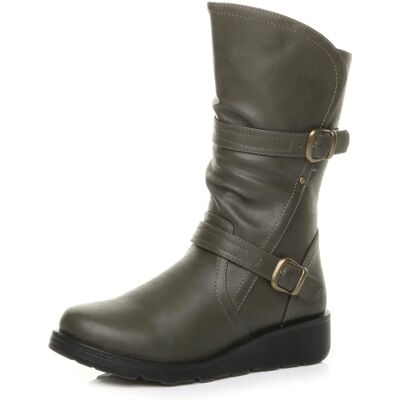 Ajvani Khaki Low Wedge Calf Boots - Calf Boots Ajvani Khaki Low Wedge Calf Boots - Calf Boots