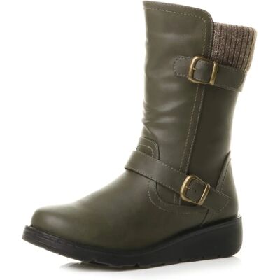 Ajvani Khaki Low Wedge Heel Boots - Calf Shoes Ajvani Khaki Low Wedge Heel Boots - Calf Shoes
