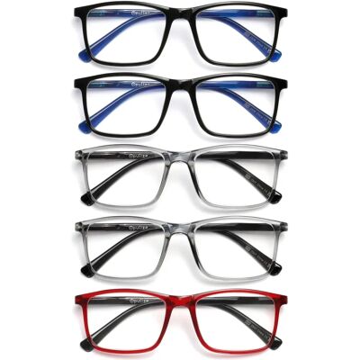 Opulize Lesebrille - 5 Stück, Große Rechteckrahmen, Federbügel, Kratzfeste Gläser, Grau-Rot, Unisex Opulize Lesebrille - 5 Stück, Große Rechteckrahmen, Federbügel, Kratzfeste Gläser, Grau-Rot, Unisex