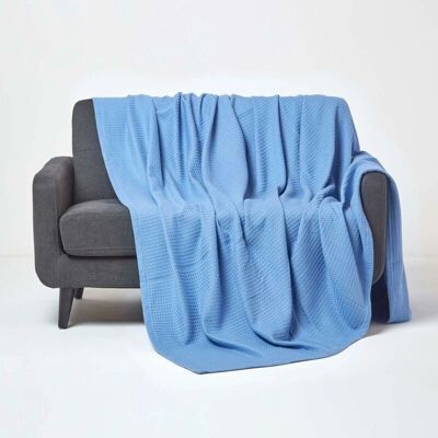 Homescapes Organic Cotton Waffle Blanket - Blue - 250cm x 230cm - Blanket Homescapes Organic Cotton Waffle Blanket - Blue - 250cm x 230cm - Blanket