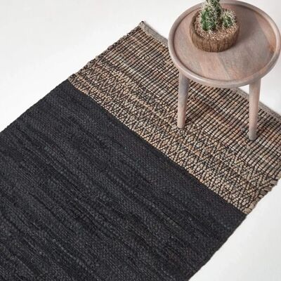Homescapes Black Recycled Leather Handwoven Herringbone Rug - Rug Homescapes Black Recycled Leather Handwoven Herringbone Rug - Rug