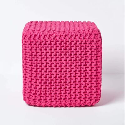 Homescapes Cube Cotton Knitted Pouffe - Footstool - Hot Pink Homescapes Cube Cotton Knitted Pouffe - Footstool - Hot Pink