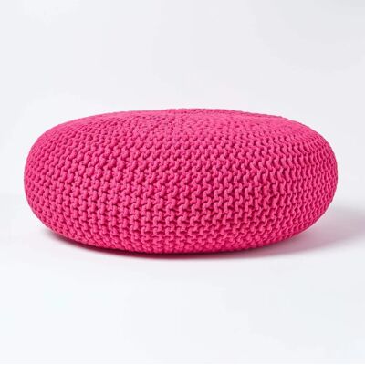 Homescapes Hot Pink Knitted Cotton Large Round Pouffe - Footstool Homescapes Hot Pink Knitted Cotton Large Round Pouffe - Footstool