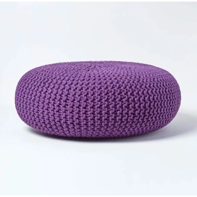 Homescapes Purple Knitted Cotton Large Pouffe - Footstool Homescapes Purple Knitted Cotton Large Pouffe - Footstool