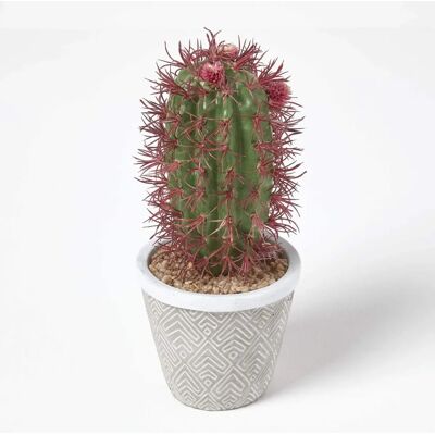 Homescapes Denmoza Artificial Cactus with Flowers in Patterned Pot - 25cm Homescapes Denmoza Artificial Cactus with Flowers in Patterned Pot - 25cm
