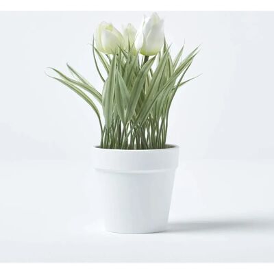 Homescapes White Artificial Tulips in Decorative Pot - 22cm Homescapes White Artificial Tulips in Decorative Pot - 22cm