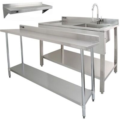 KuKoo 6ft Stainless Steel Catering Bench & Shelves with Sink - Silver KuKoo 6ft Stainless Steel Catering Bench & Shelves with Sink - Silver