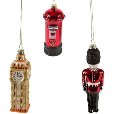 Sass & Belle 3 Ornements de Noël Londres Boîte aux Lettres, Big Ben et Garde - Publicité Sass & Belle 3 Ornements de Noël Londres Boîte aux Lettres, Big Ben et Garde - Publicité
