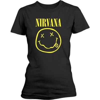 T-Shirt femme Nirvana noir avec smiley - Merch musical - Publicité T-Shirt femme Nirvana noir avec smiley - Merch musical - Publicité
