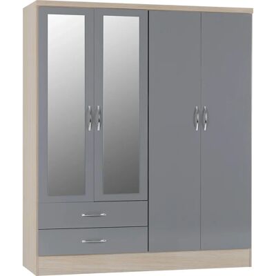 Seconique Nevada 4 Door 2 Drawer Mirrored Wardrobe - Grey Gloss & Oak Seconique Nevada 4 Door 2 Drawer Mirrored Wardrobe - Grey Gloss & Oak