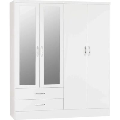 Seconique Nevada White High Gloss 4 Door 2 Drawer Mirrored Wardrobe - Bedroom Furniture Seconique Nevada White High Gloss 4 Door 2 Drawer Mirrored Wardrobe - Bedroom Furniture