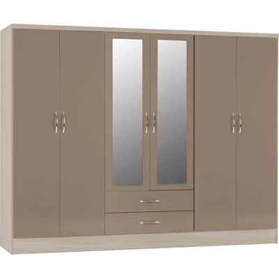 Seconique Nevada 6 Door 2 Drawer Wardrobe - Mirrored, Oyster Gloss & Oak Seconique Nevada 6 Door 2 Drawer Wardrobe - Mirrored, Oyster Gloss & Oak