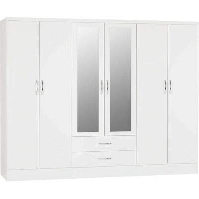 Seconique Nevada 6 Door 2 Drawer Mirrored Wardrobe White Gloss Finish Hanging Rail - Wardrobe Seconique Nevada 6 Door 2 Drawer Mirrored Wardrobe White Gloss Finish Hanging Rail - Wardrobe