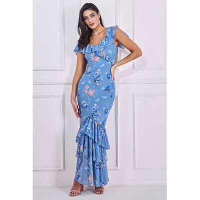 Goddiva Blue Floral Ruffle Maxi Dress - Maxi Dress Goddiva Blue Floral Ruffle Maxi Dress - Maxi Dress