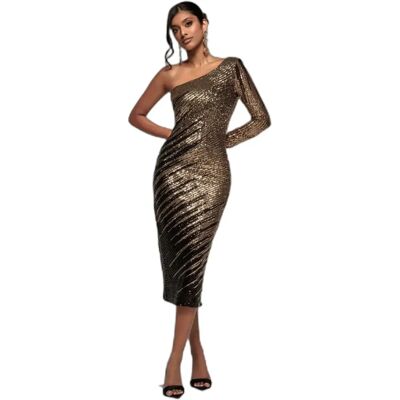 Goddiva Womens Gold One-Shoulder Sequin Midi Dress - Size 14 UK Goddiva Womens Gold One-Shoulder Sequin Midi Dress - Size 14 UK