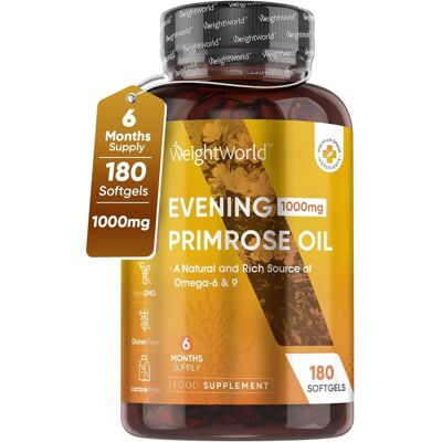 Olio di enotera WeightWorld 1000mg - Confezione da 6 mesi - 180 capsule Olio di enotera WeightWorld 1000mg - Confezione da 6 mesi - 180 capsule