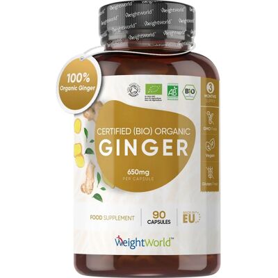 Suplemento de gengibre orgânico WeightWorld - Alta potência 1300mg - Certificado Soil Association - 2 cápsulas de raiz de gengibre por porção - Vegano Suplemento de gengibre orgânico WeightWorld - Alta potência 1300mg - Certificado Soil Association - 2 cápsulas de raiz de gengibre por porção - Vegano