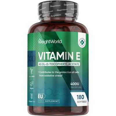WeightWorld Cápsulas de vitamina E - 400IU - Cabelos Pele Unhas - 6 Meses WeightWorld Cápsulas de vitamina E - 400IU - Cabelos Pele Unhas - 6 Meses