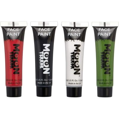 Moon Terror - Peinture pour Visage d'Halloween - Ensemble de 4 Rouge Sang/Blanc Maléfique/Noir Minuit - Kit d'Art du Visage - Publicité Moon Terror - Peinture pour Visage d'Halloween - Ensemble de 4 Rouge Sang/Blanc Maléfique/Noir Minuit - Kit d'Art du Visage - Publicité
