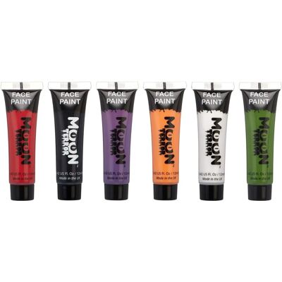 Moon Terror - Ensemble de 6 Peintures pour Visage Halloween Rouge Sang/Blanc Maléfique/Noir Minuit - Publicité Moon Terror - Ensemble de 6 Peintures pour Visage Halloween Rouge Sang/Blanc Maléfique/Noir Minuit - Publicité