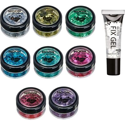 Moon Glitter Bio Chunky Glitter - Ensemble de 8 Argent, Or, Rose Foncé - Paillettes Cosmétiques - Publicité Moon Glitter Bio Chunky Glitter - Ensemble de 8 Argent, Or, Rose Foncé - Paillettes Cosmétiques - Publicité