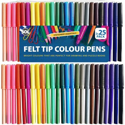 SOL - 50 Colour Felt Tip Pens - Assorted Colours - Pen Set SOL - 50 Colour Felt Tip Pens - Assorted Colours - Pen Set