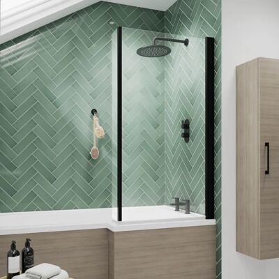 Unbranded Over Bath Shower Screen Door 800mm Return Black Square 6mm Safety Glass Panel - Shower Screen Unbranded Over Bath Shower Screen Door 800mm Return Black Square 6mm Safety Glass Panel - Shower Screen