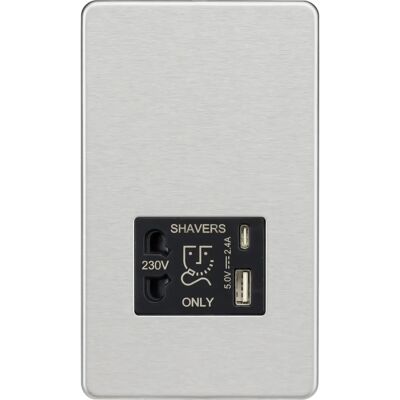 Knightsbridge Scheerspanning met dual USB A+C - geborsteld chroom - Scheerspanning Knightsbridge Scheerspanning met dual USB A+C - geborsteld chroom - Scheerspanning
