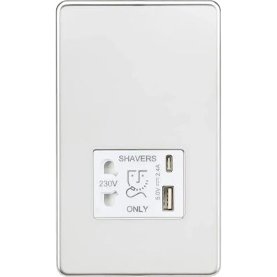 Knightsbridge Polished Chrome Shaver Socket - Dual USB A+C - Shaver Socket Knightsbridge Polished Chrome Shaver Socket - Dual USB A+C - Shaver Socket