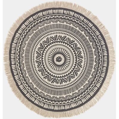 Tapis rond en coton Mandala noir et blanc - 150cm - Publicité Tapis rond en coton Mandala noir et blanc - 150cm - Publicité