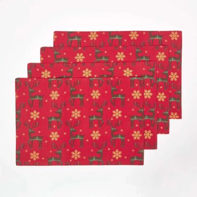 Homescapes Rote Rentier Weihnachts-Set - Platzdeckchen in Rot Gold Tartan Homescapes Rote Rentier Weihnachts-Set - Platzdeckchen in Rot Gold Tartan