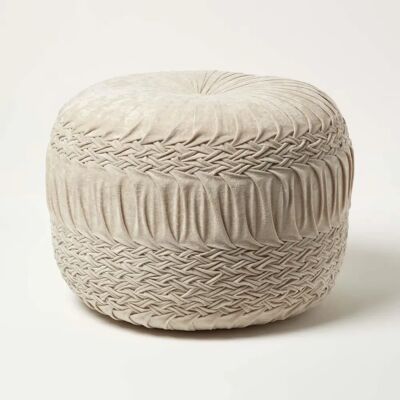 Homescapes Sofia Cream Pleated Velvet Pouffe - Footstool Homescapes Sofia Cream Pleated Velvet Pouffe - Footstool