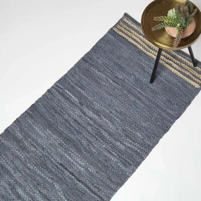 Homescapes Grey Recycled Leather Handwoven Stripe Rug - Rug Homescapes Grey Recycled Leather Handwoven Stripe Rug - Rug