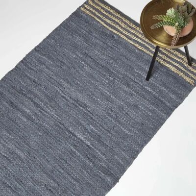 Homescapes Grey Recycled Leather Handwoven Stripe Rug - Rug Homescapes Grey Recycled Leather Handwoven Stripe Rug - Rug